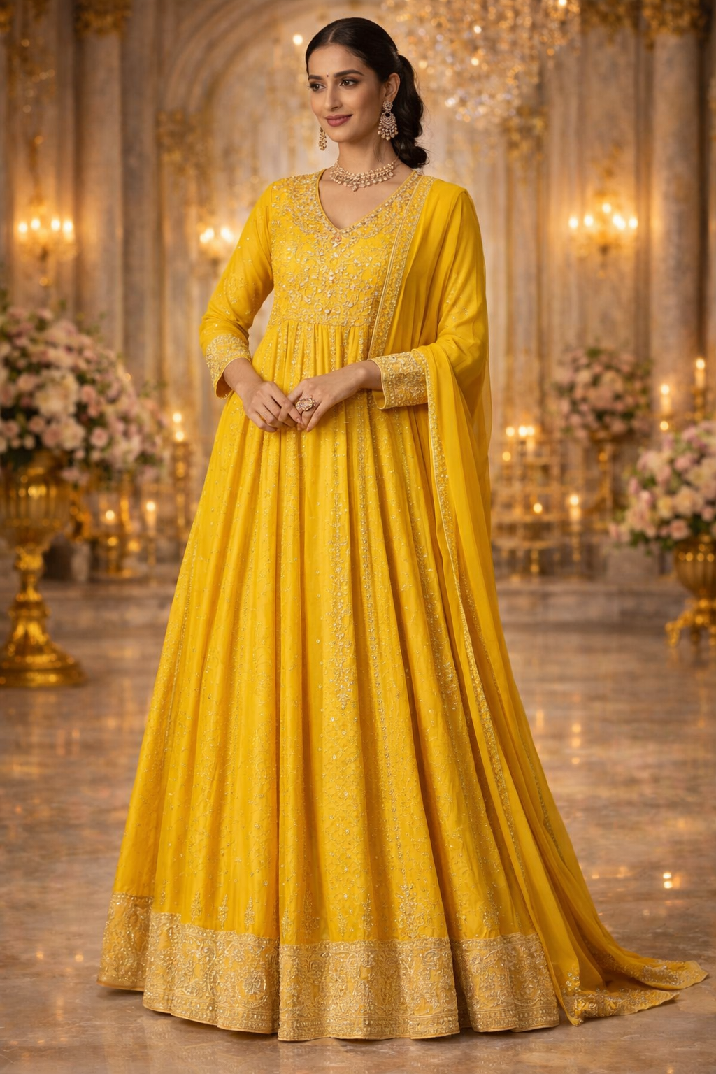 UV Royal Silks Mustard Georgette Embroidery Work Wedding Wear Readymade Anarkali Suit