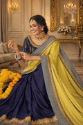 UV Royal Silks Lime & Blue Satin Georgette Saree with Heavy Thread Embroidery