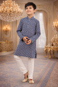 UV Royal Silks Royal Blue Cotton Silk Embroidery Kids Kurta Pajama