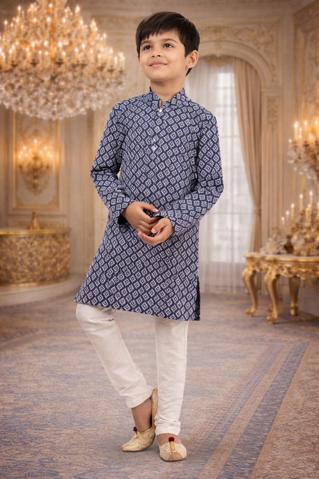 UV Royal Silks Royal Blue Cotton Silk Embroidery Kids Kurta Pajama