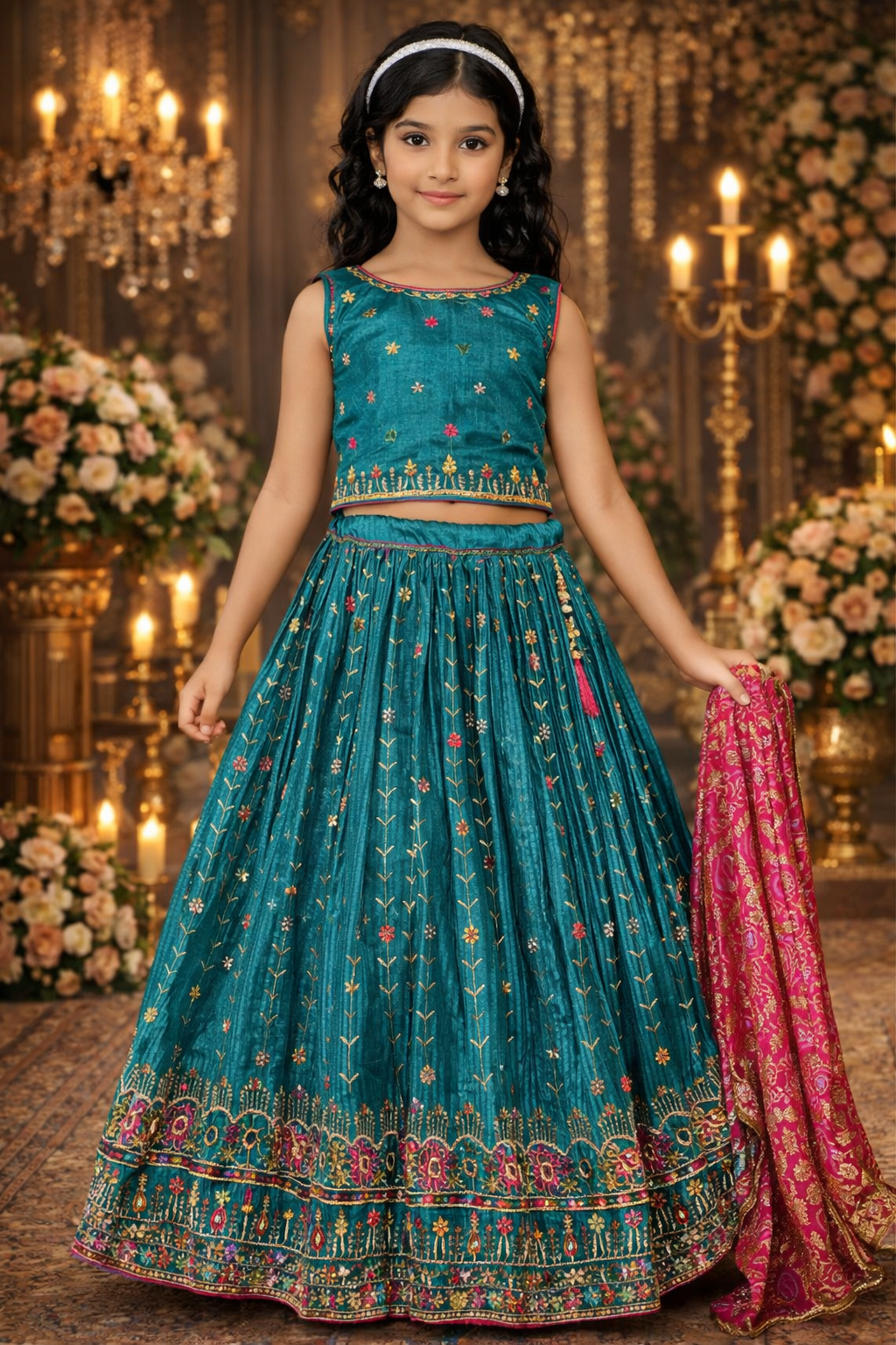 UV Royal Silks  Chinnon Embroidery Work Wedding Wear Readymade Kids Lehenga Choli