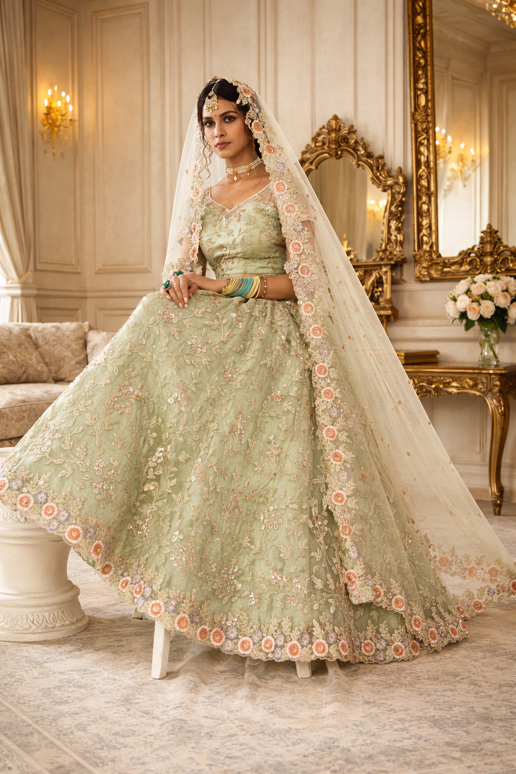 UV Royal Silks Pista Net Lehenga Choli with Heavy Embroidery, Sequins, Thread & Stone Work