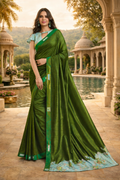 UV Royal Silks Dark Green Fancy Thread & Zari Embroidered Saree with Lace Border and Designer Blouse