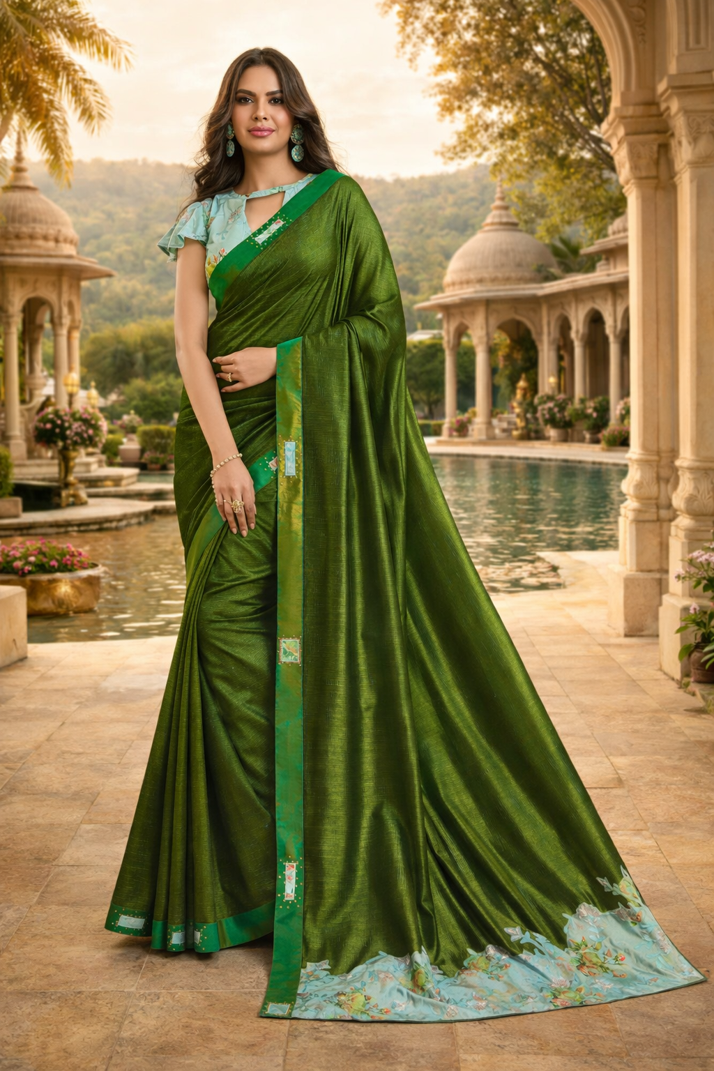 UV Royal Silks Dark Green Fancy Thread & Zari Embroidered Saree with Lace Border and Designer Blouse
