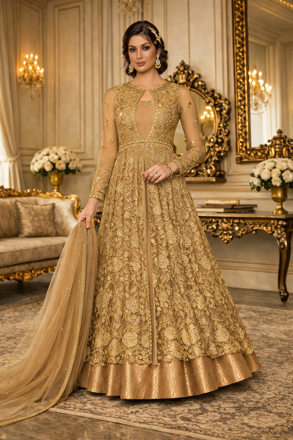 Butterfly Net Light Brown Heavy Embroidery Thread, Zari, Sequance Work with Diamond Salwar Kameez