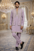 UV Royals Lavender Embroidered Kurta Pajama with Designer Jacket Wedding & Festive Wear for Men
