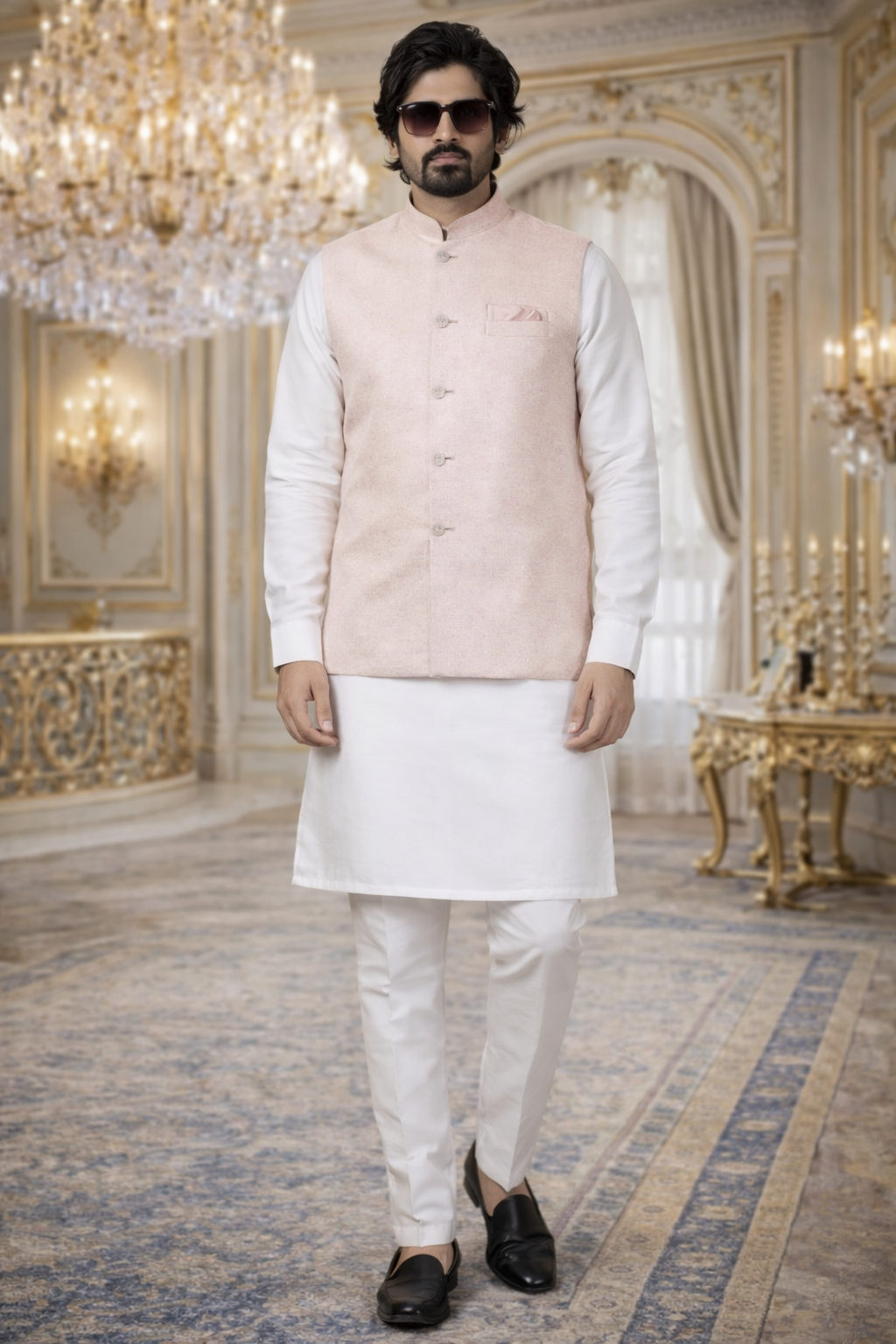UV Royals Peach Nehru Jacket Kurta Pajama Set Festive & Wedding Wear for Men