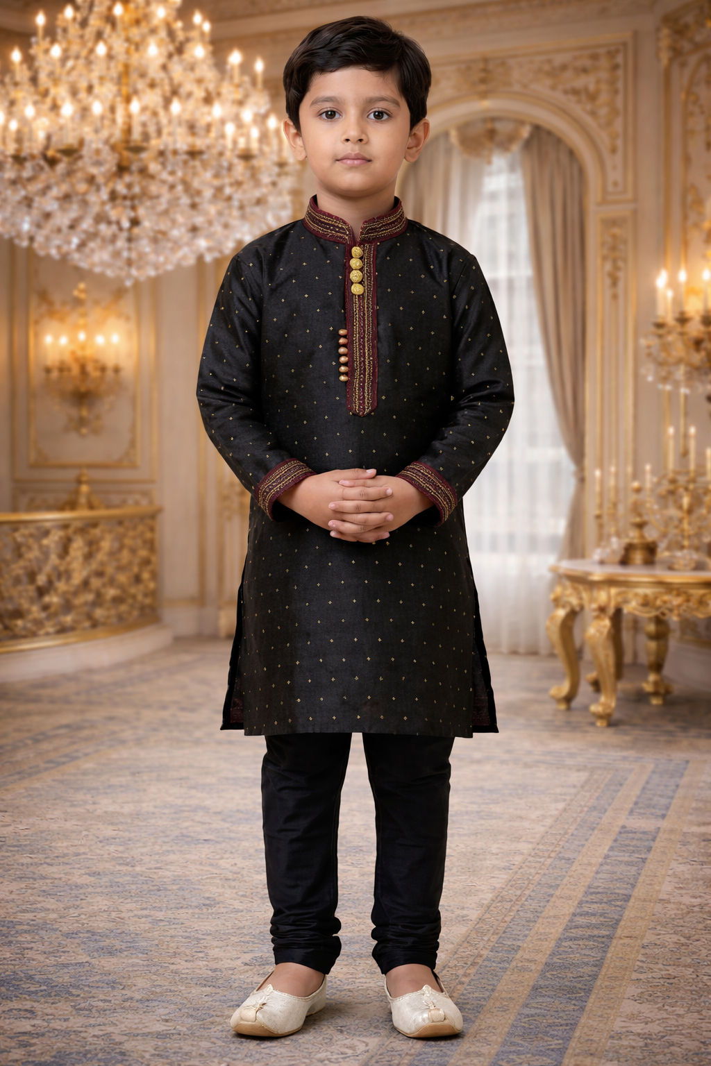 UV Royal Silks Black Mulberry Butti Printed Kids Kurta Pajama – Occasion Wear