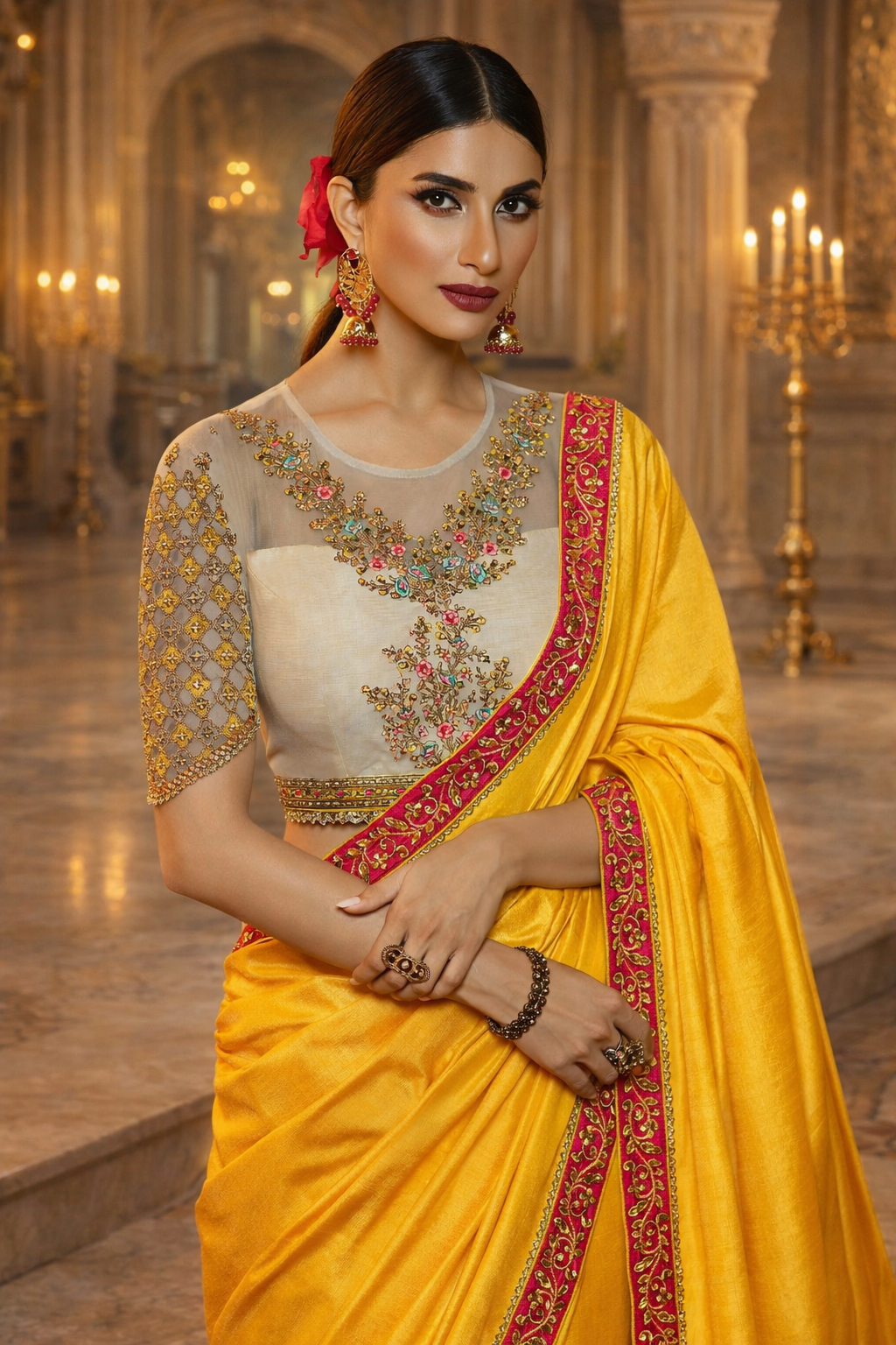 UV Royal Silks Dola Silk Saree with Embroidered Lace Border & Designer Blouse