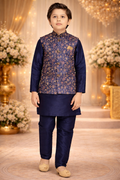 Traditional Wear Blue Printed Art Banarasi Silk Kids Kurta Pajama with Jacket | UV Royal Silks