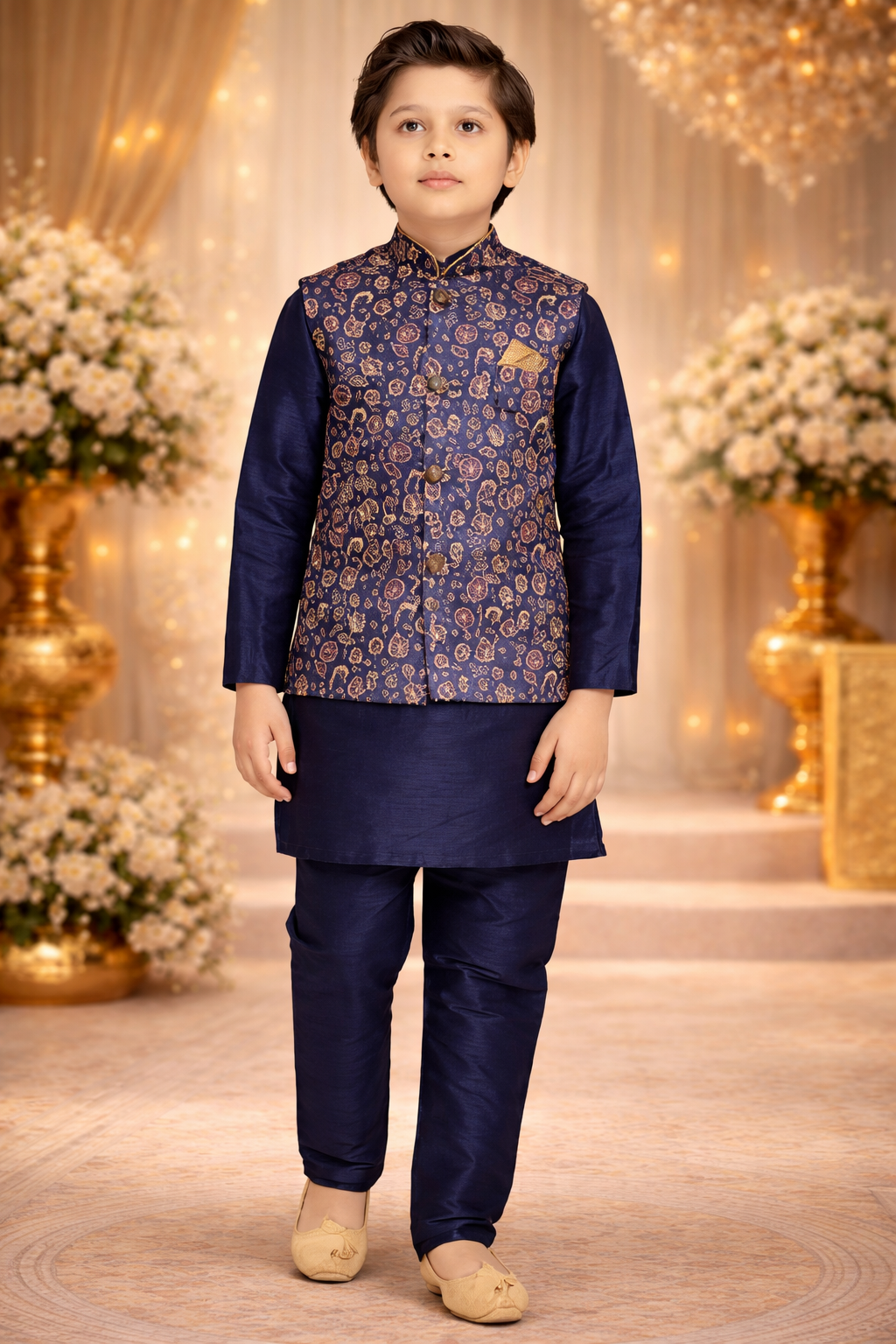 Traditional Wear Blue Printed Art Banarasi Silk Kids Kurta Pajama with Jacket | UV Royal Silks