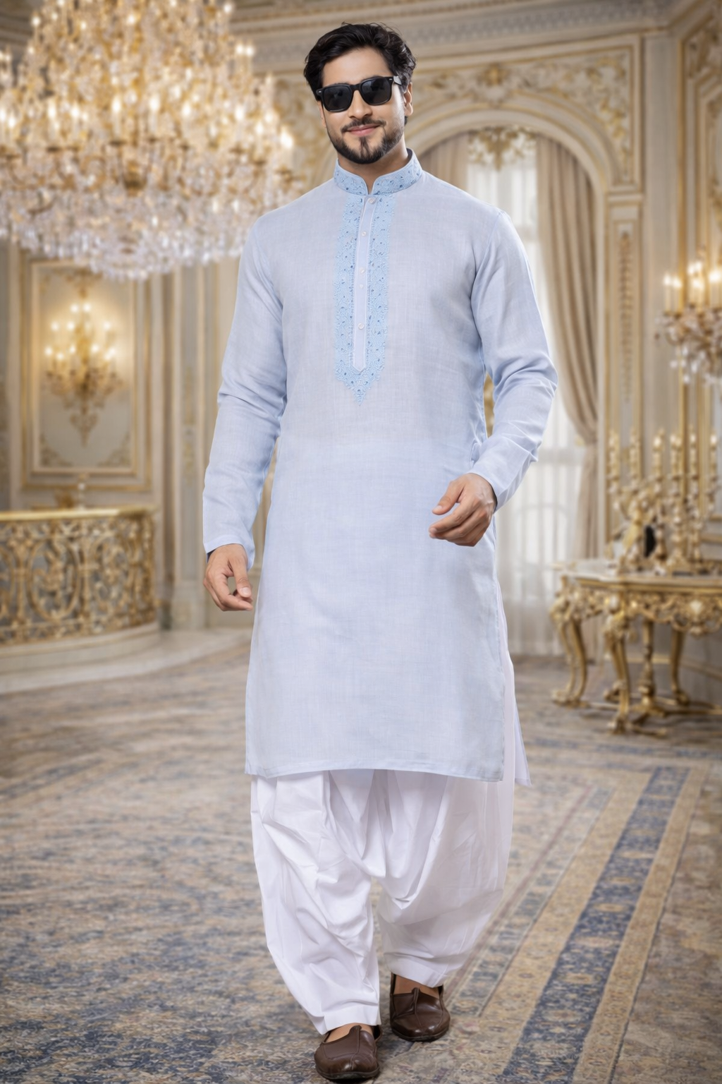 UV Royals Sky Blue Embroidered Kurta Pajama Traditional Wedding & Festive Wear for Men