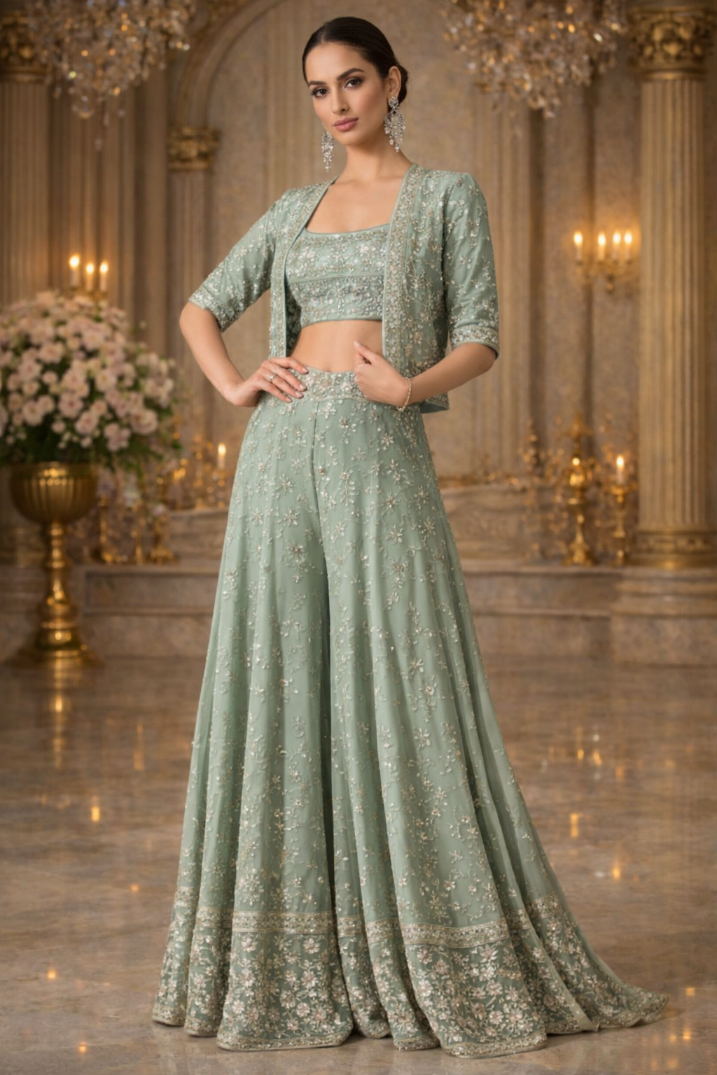 UV Royal Silks Mint Green Georgette Embroidery Work Party Wear Readymade Indo-Western Palazzo Suit