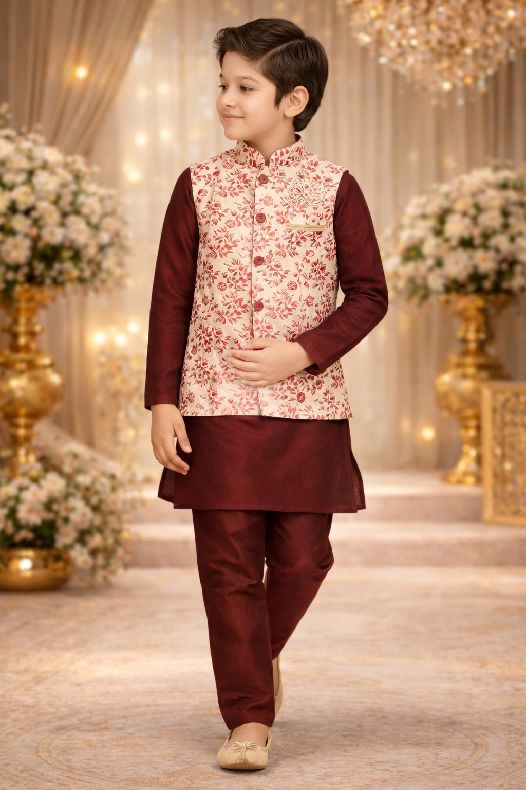 Traditional Wear Cream Weaving Polyester Cotton Kids Kurta Pajama | UV Royal Silks