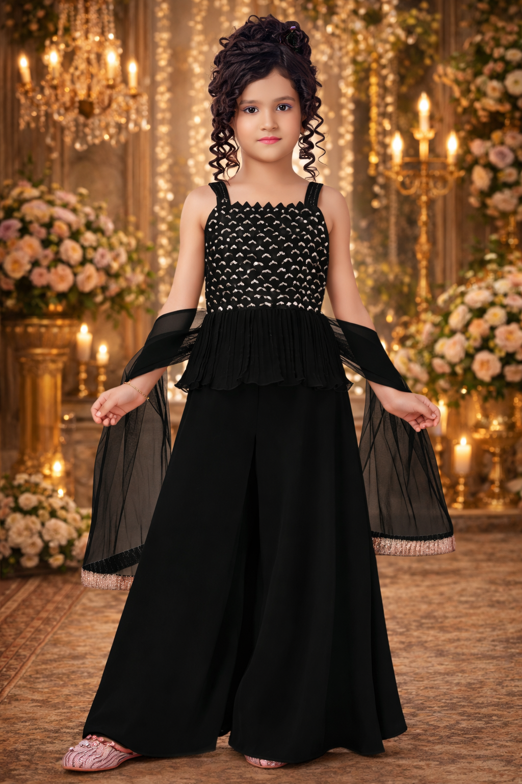 UV Royal Silks Black Poly Crepe Embroidery Work Party Wear Readymade Palazzo Suit