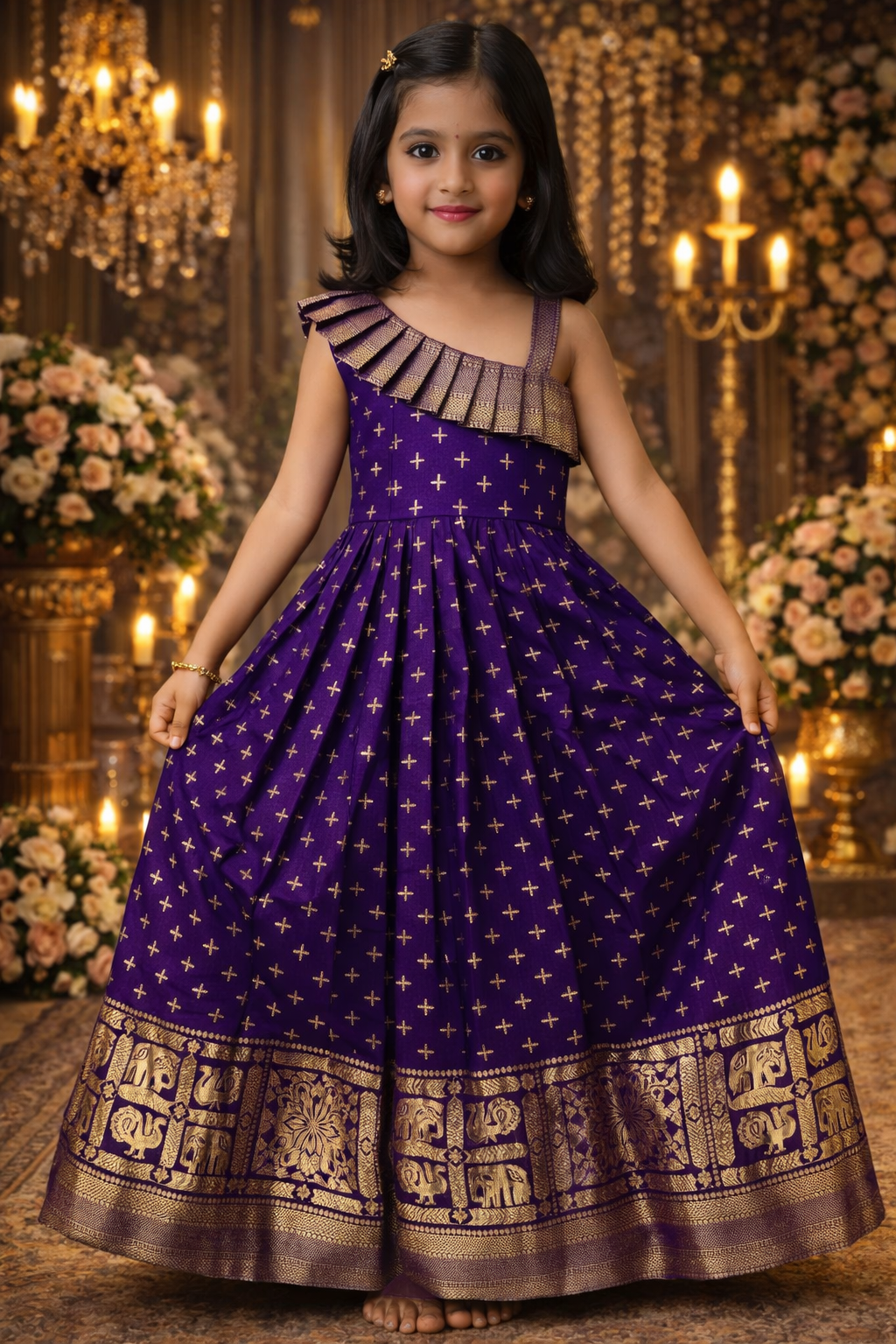 Royal Purple Soft Silk Zari Border Festival Wear Readymade Gown | UV Royal Silks