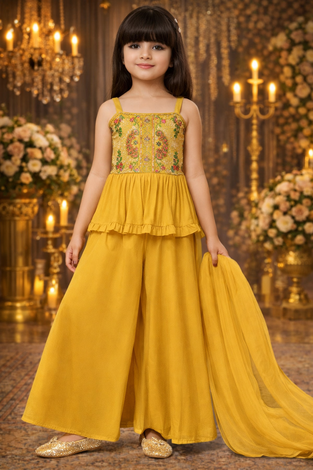 Mustard Butter Crepe Embroidery Work Party Wear Readymade Plazzo Suit