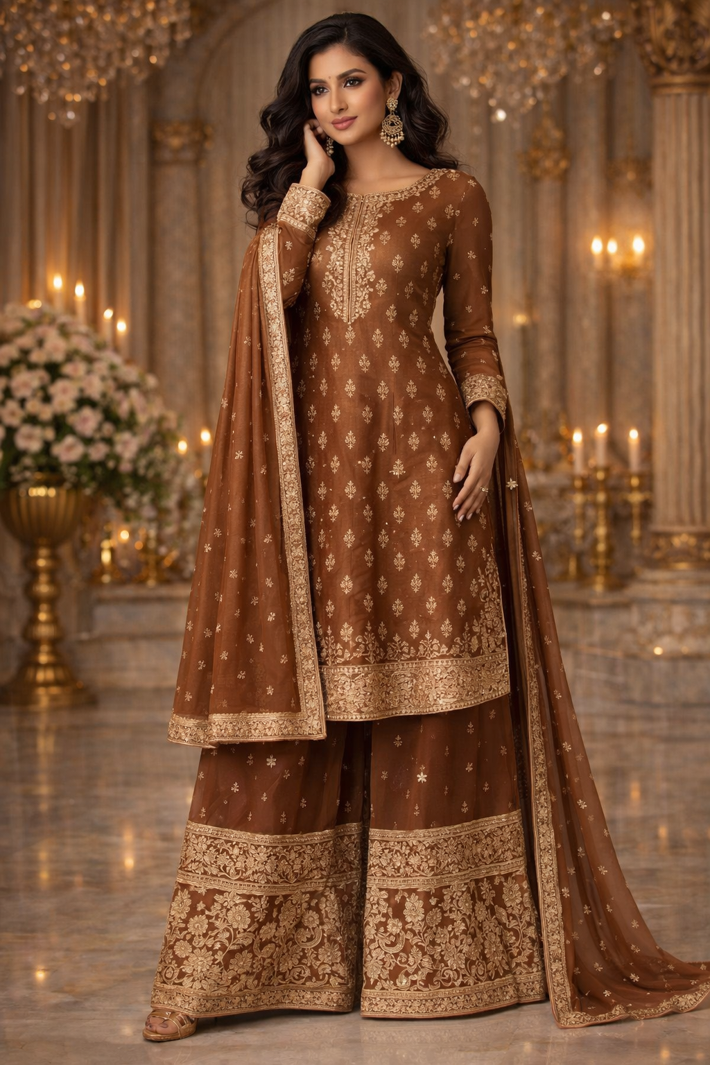 UV Royal Silks Rust Brown Georgette Sequins Work Wedding Wear Readymade Palazzo Suit