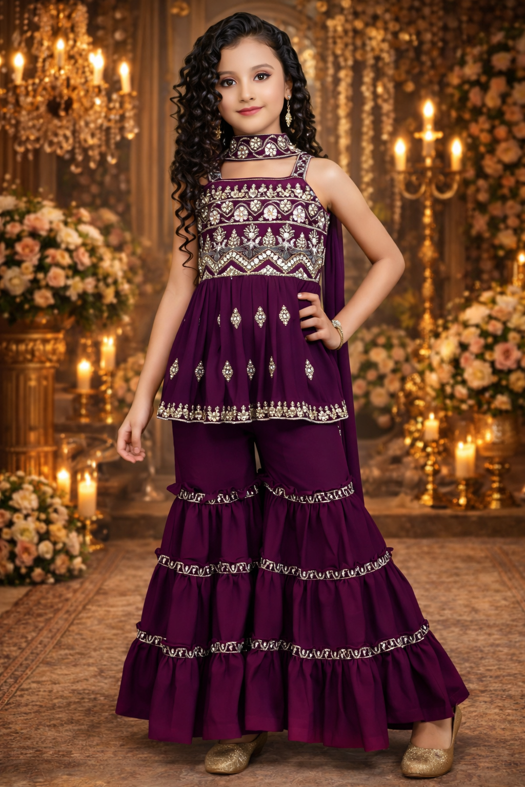 Deep Wine Poly Crepe Embroidery Work Party Wear Readymade Sharara Suit | UV Royal Silks