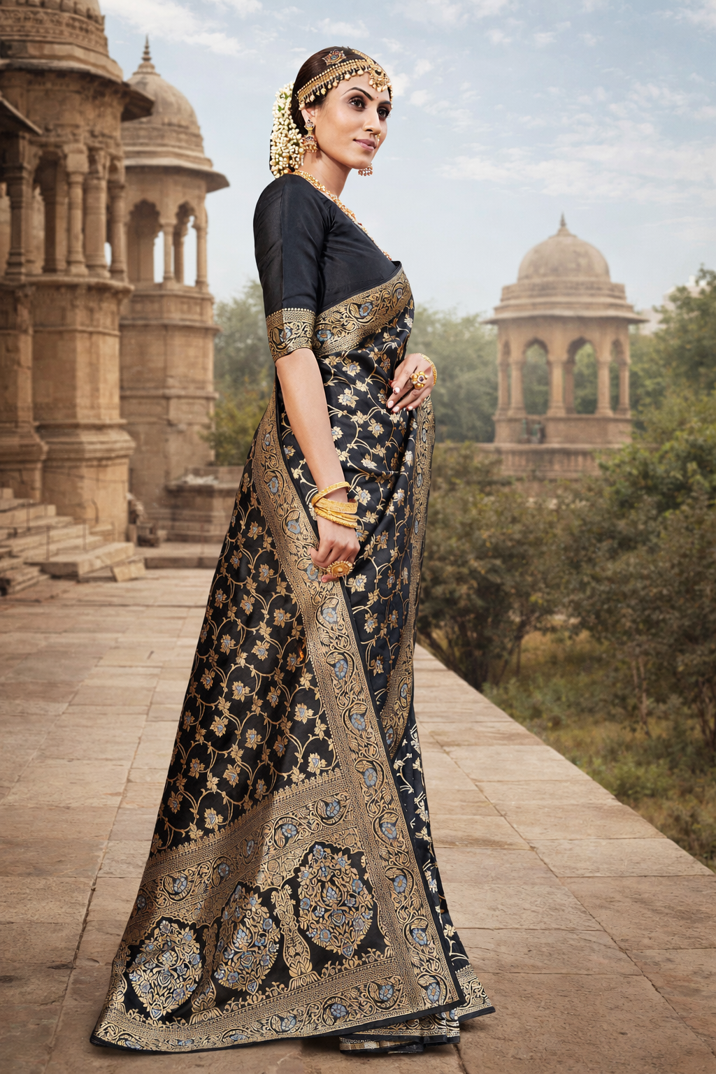 UV Royal Silks Black Banarasi Silk Jacquard Woven Saree with Designer Blouse