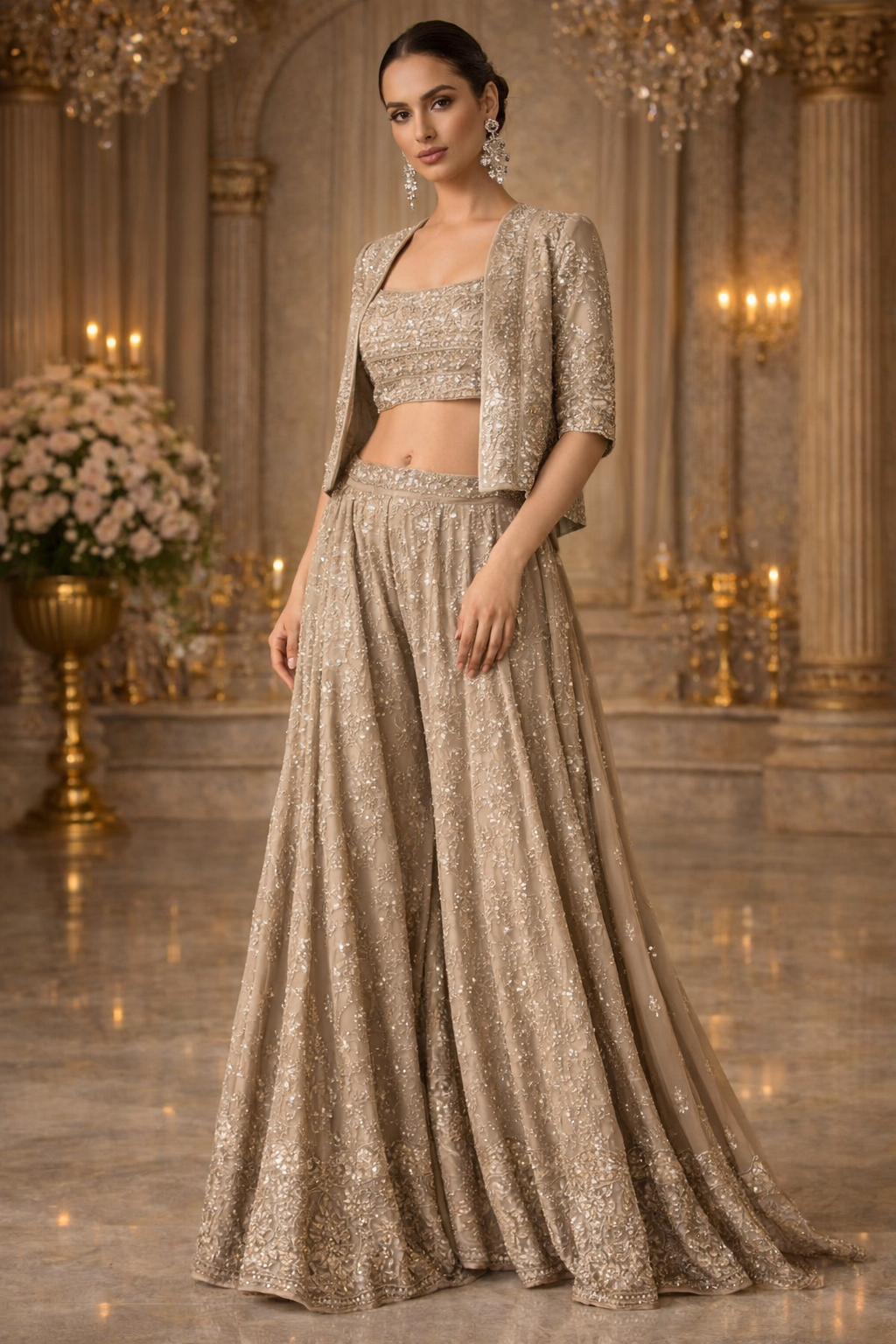 UV Royal Silks Gold Georgette Embroidery Work Party Wear Readymade Indo-Western Palazzo Suit