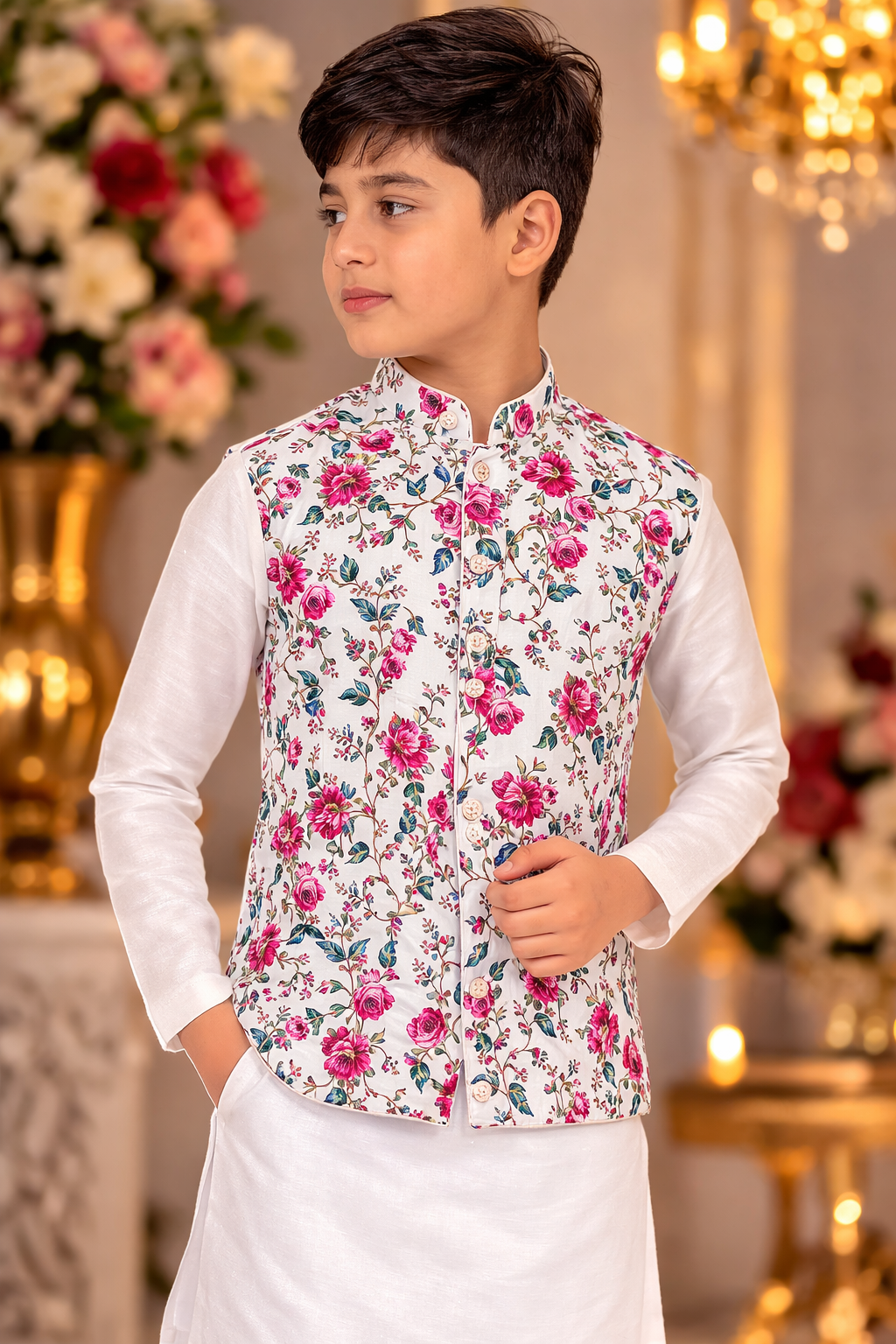 White Cotton Digital Printed Wedding Wear Readymade Boys Waist Coat | UV Royal Silks