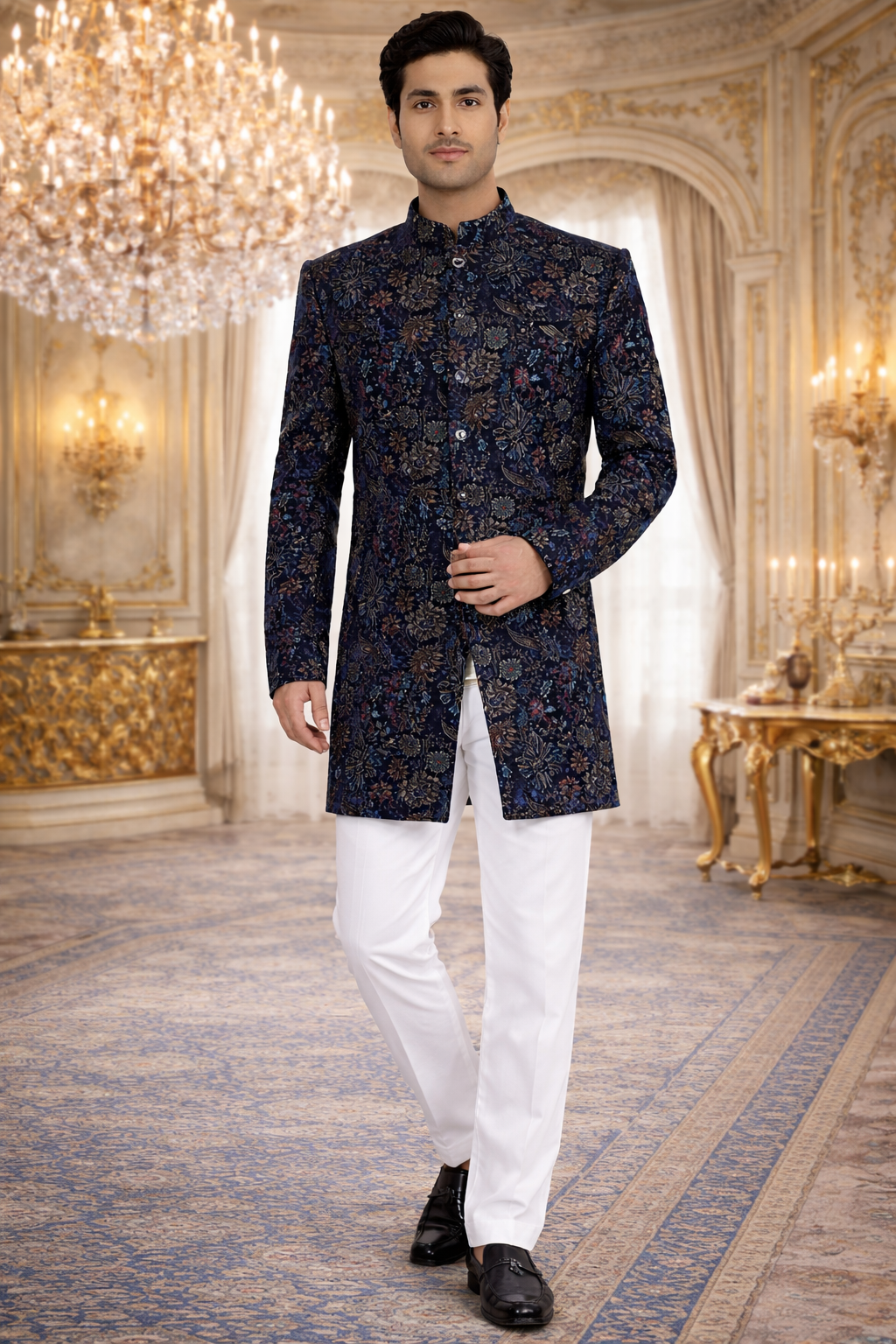 UV Royal Silks Navy Blue Floral Jacquard Indo Western Sherwani Style Jacket