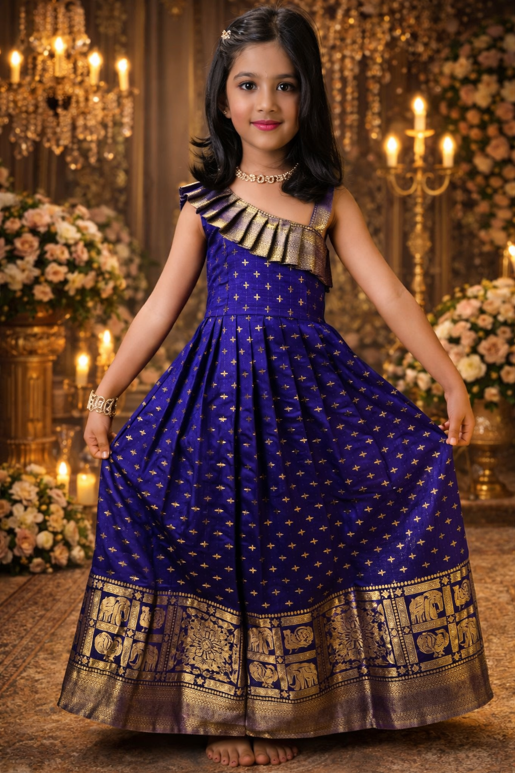 UV Royal Silks Blue Soft Silk Zari Border Festival Wear Readymade Gown