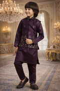 UV Royal Silks Wine Malai Satin Embroidery Boys Modi Jacket Kurta Pajama – Festival Wear