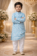 Blue Cotton Printed Work Occasional Wear Readymade Kids Kurta Pajama | UV Royal Silks