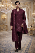 UV Royals Maroon Embroidered Kurta Pajama with Designer Dupatta Wedding & Festive Wear for Men