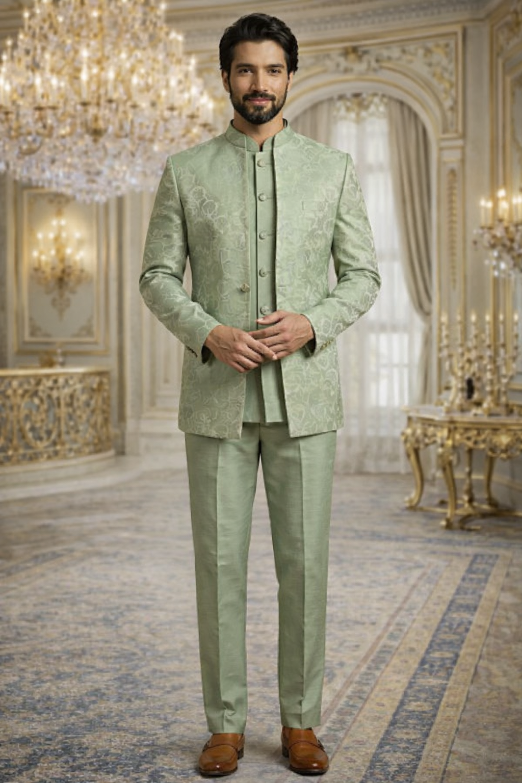 UV Royals Pista Green Jacquard Indo Western Suit Wedding & Festive Wear for Men