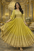Olive Green Chinon Embroidery Work Wedding Wear Readymade Anarkali Suit
