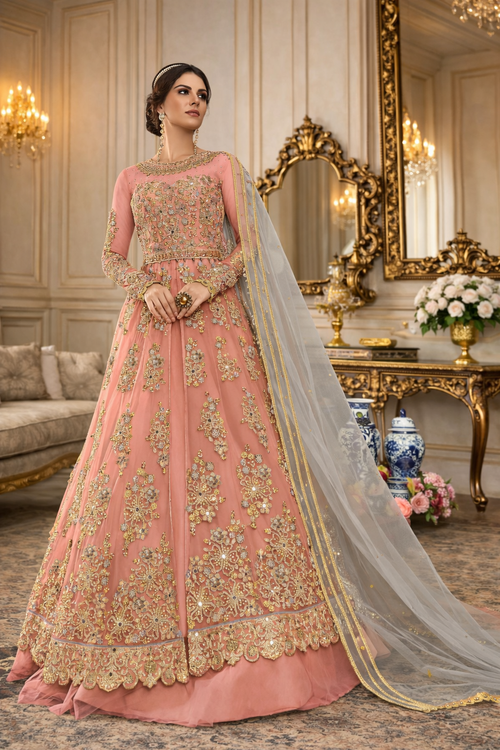 UV Royal Silks Peach Butterfly Net Salwar Kameez with Heavy Thread, Zari & Coding Embroidery