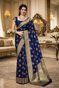 UV Royal Silks Dark Blue Banarasi Silk Jacquard Woven Saree with Designer Blouse