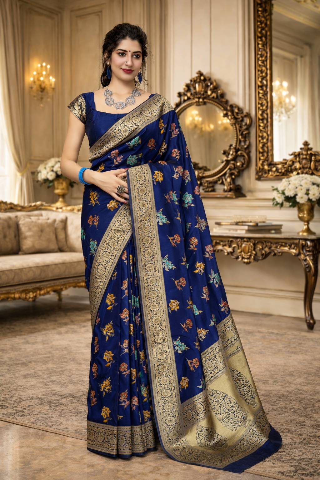 UV Royal Silks Dark Blue Banarasi Silk Jacquard Woven Saree with Designer Blouse