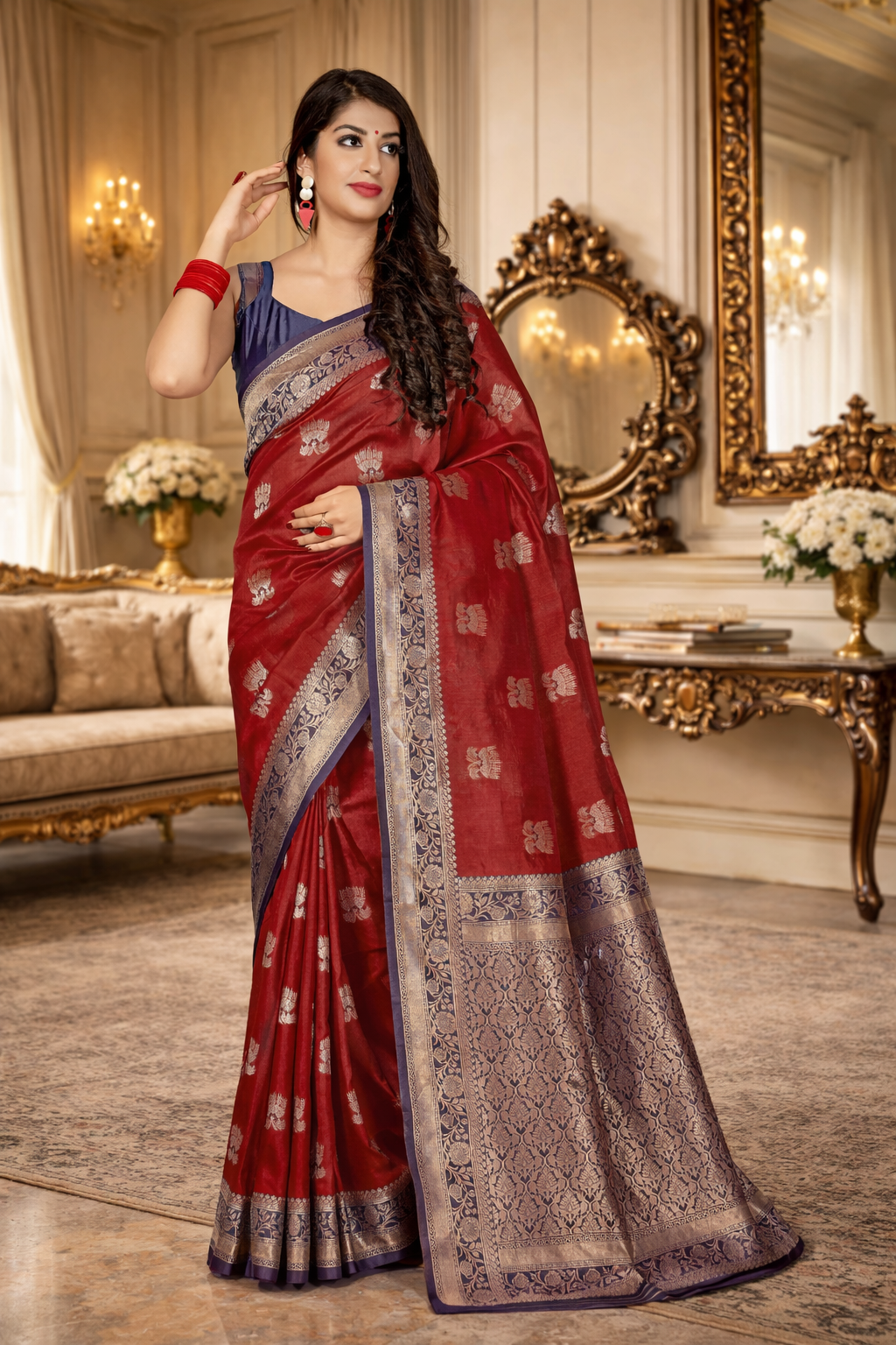 UV Royal Silks Banarasi Silk Maroon Saree with Designer Purple Blouse