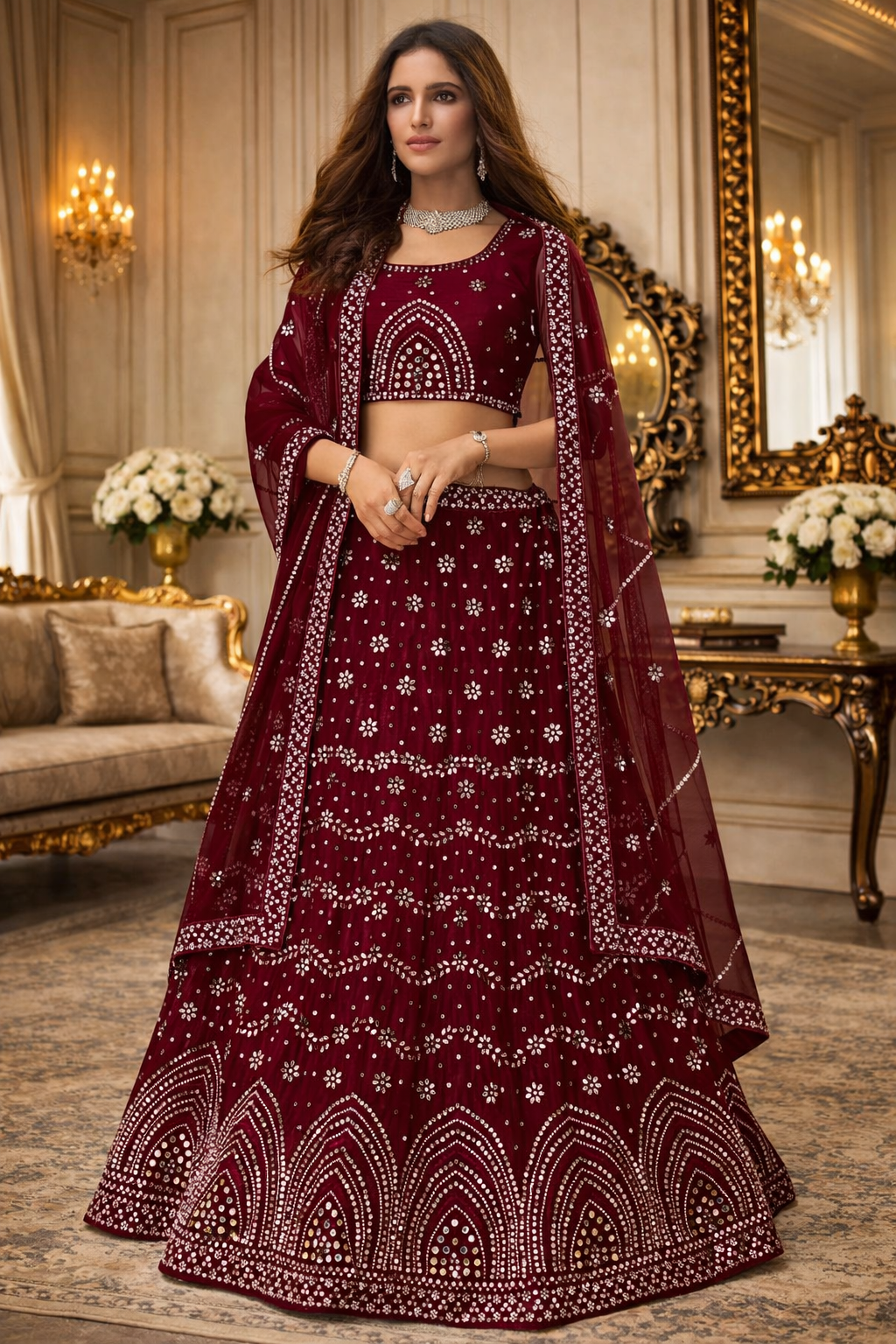 UV Royal Silks  Net Lehenga Choli with Thread Embroidery, Mirror & Zarkan Work