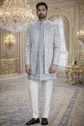 UV Royals Silver Grey Embroidered Indo Western Sherwani Set Wedding & Festive Wear for Men