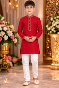 Red Cotton Jacquard Embroidery Work Festival Wear Readymade Kids Kurta Pajama | UV Royal Silks