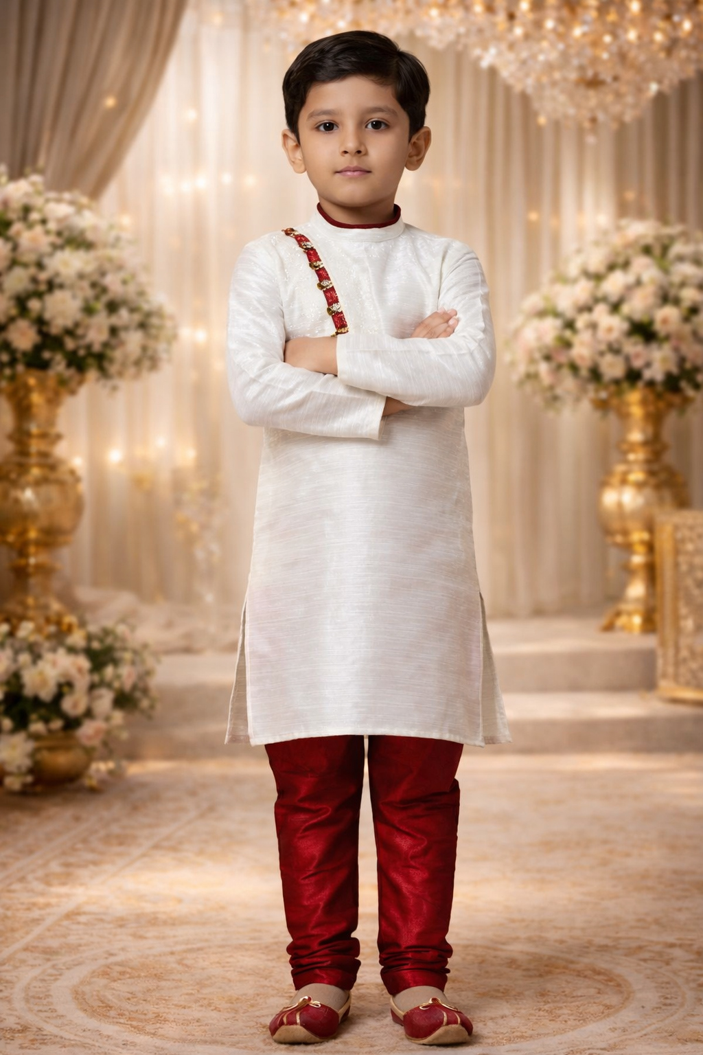 White Silk Printed Work Occasional Wear Readymade Kids Kurta Pajama | UV Royal Silks