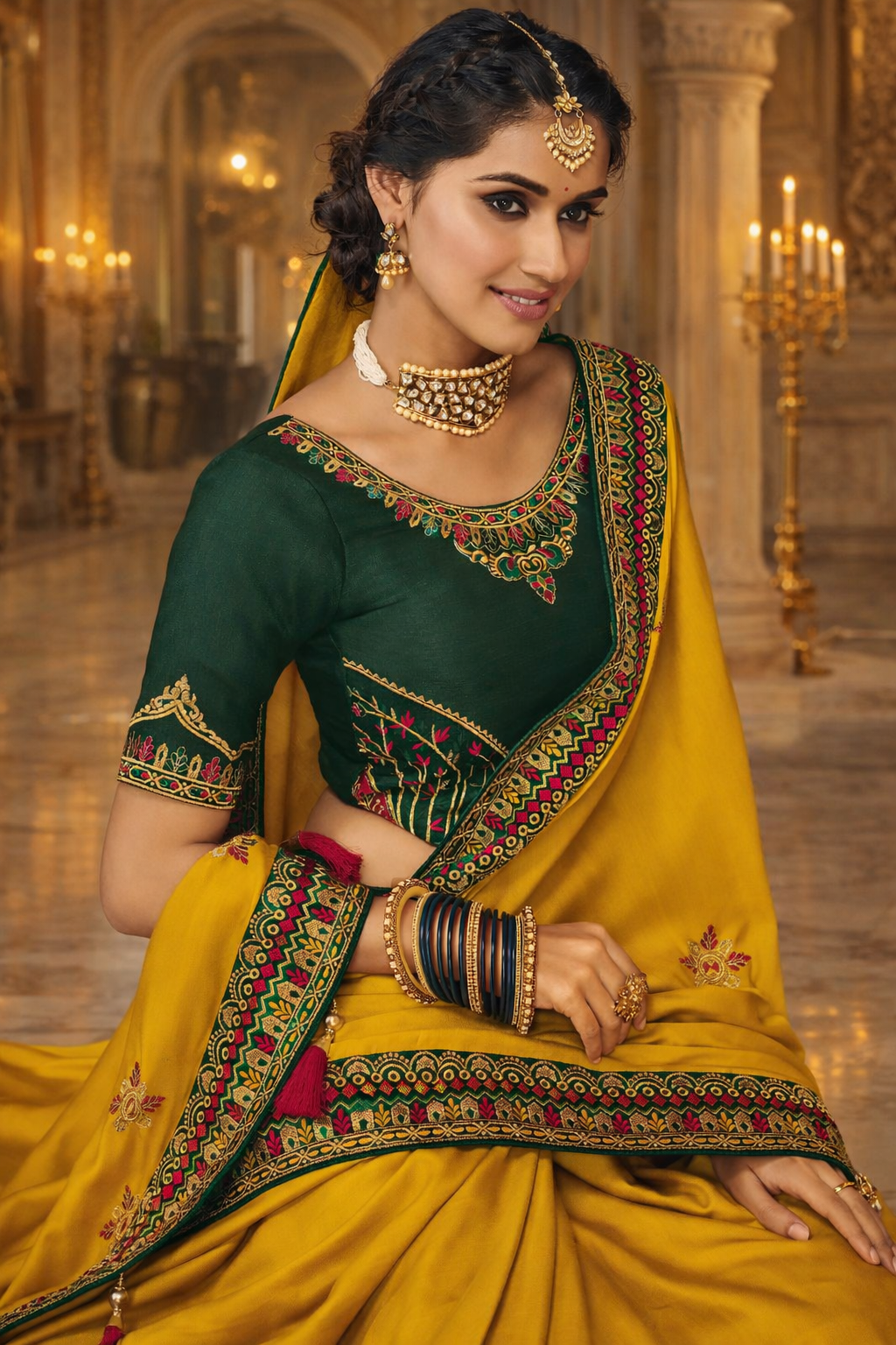 UV Royal Silks Lime & Green Satin Georgette Saree with Heavy Thread Embroidery