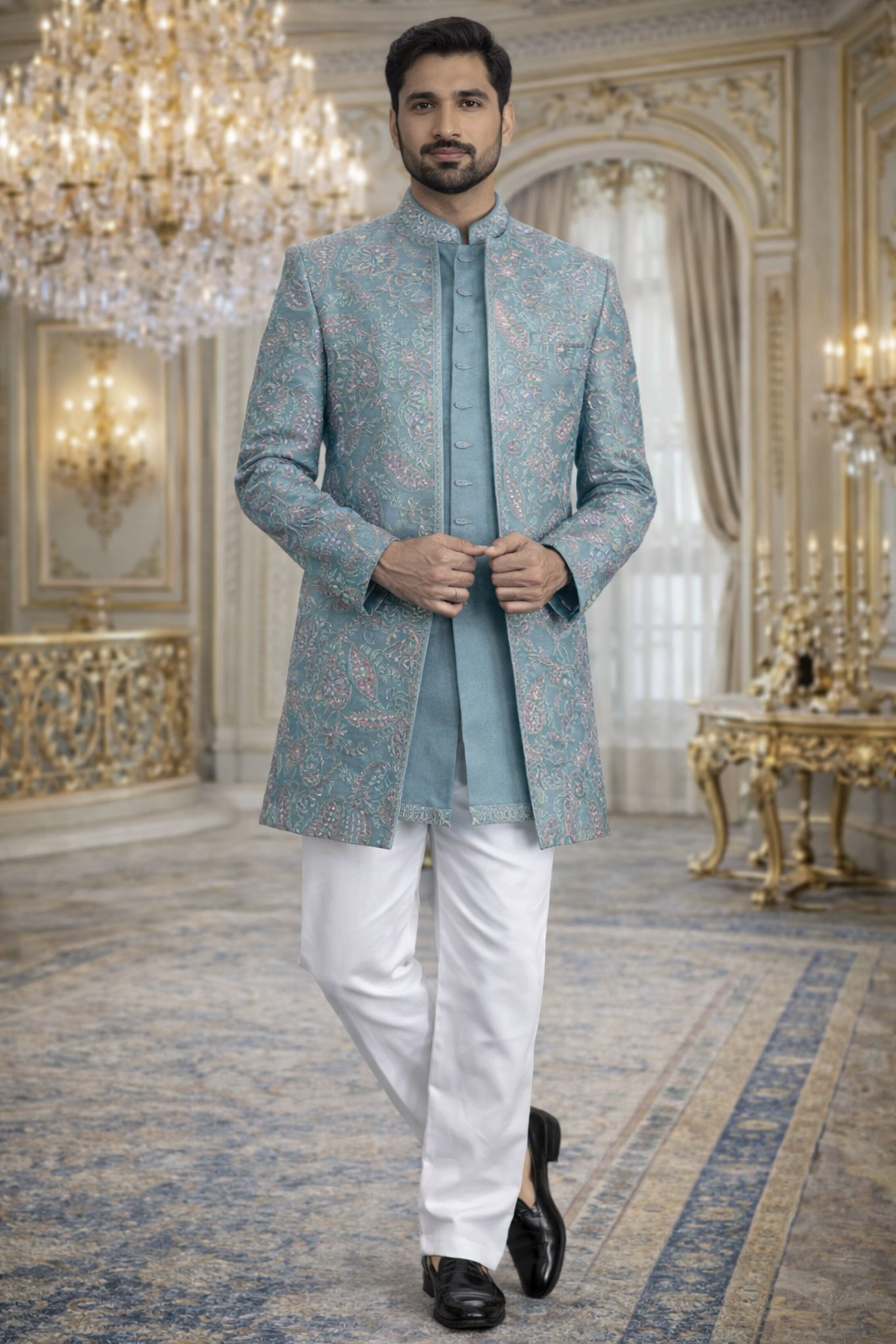 UV Royal Silks Pastel Blue Jacquard Indo Western Sherwani Style Jacket with Kurta for Men