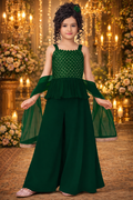 UV Royal Silks Dark Green Poly Crepe Embroidery Work Party Wear Readymade Palazzo Suit