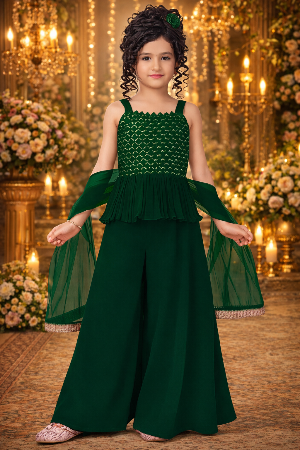 UV Royal Silks Dark Green Poly Crepe Embroidery Work Party Wear Readymade Palazzo Suit