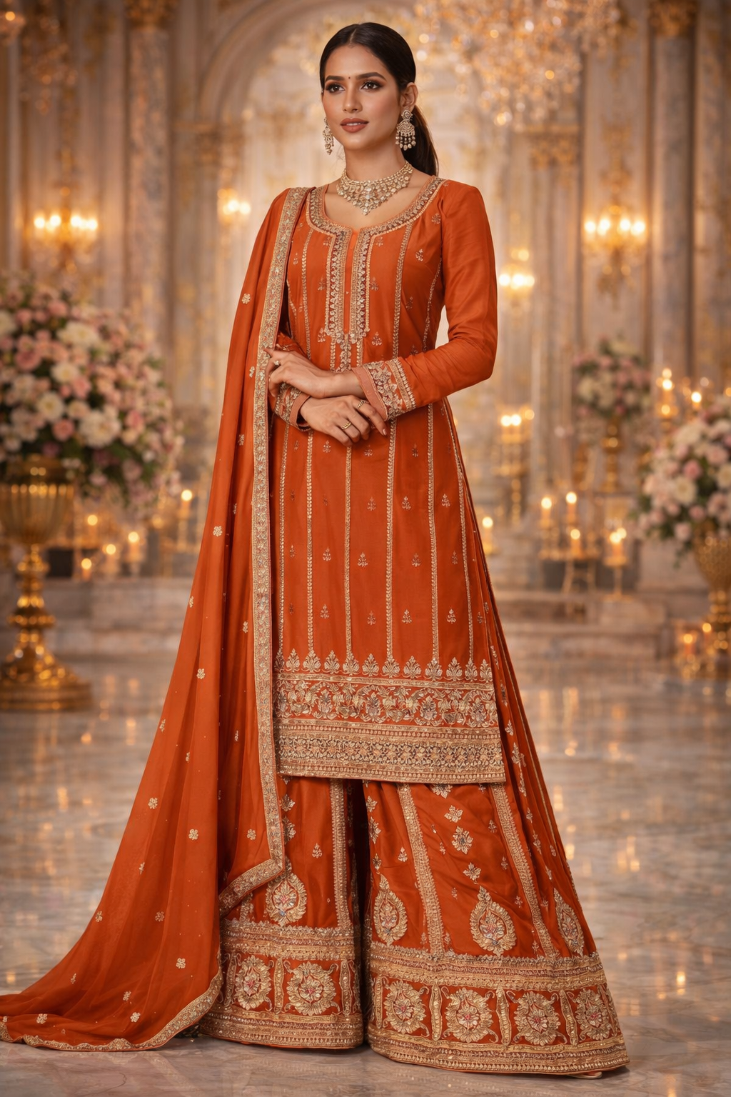 UV Royal Silks Rust Orange Chinon Sequins Work Wedding Wear Readymade Palazzo Suit