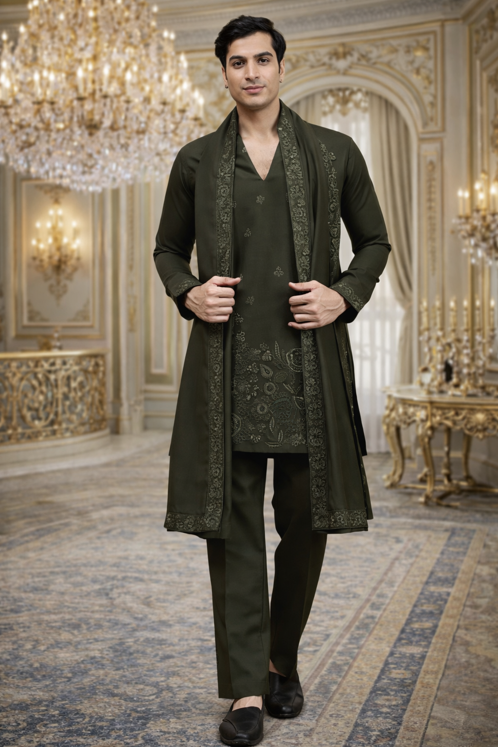 UV Royals Dark Green Embroidered Kurta Pajama with Designer Dupatta Wedding & Festive Wear for Men