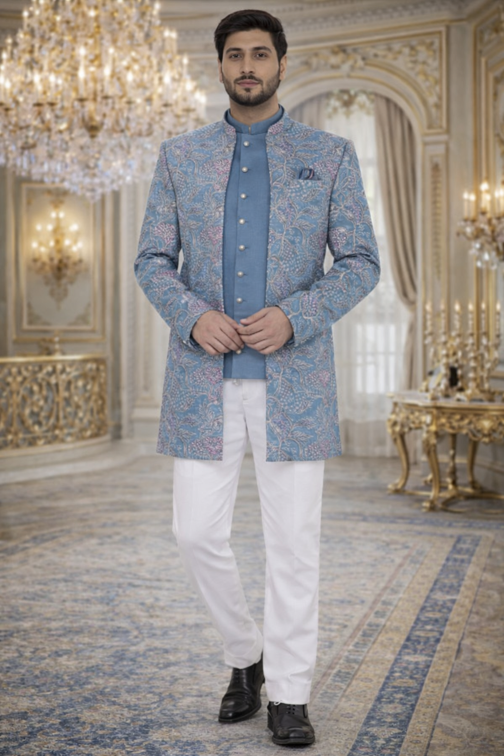 UV Royal Silks Sky Blue Floral Jacquard Indo Western Sherwani Style Jacket