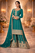 UV Royal Silks Teal Green Chinon Sequins Work Wedding Wear Readymade Palazzo Suit