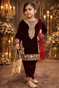 Deep Maroon Viscose Velvet Zari Embroidery Work Party Wear Readymade Kids Suit | UV Royal Silks